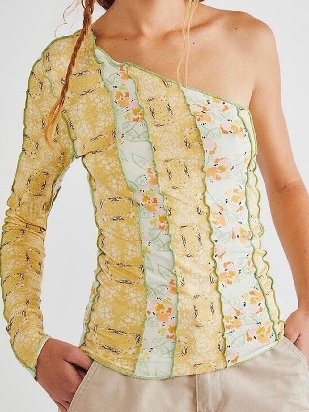 Free People One-Shoulder Floral Patchwork Top in Yellow